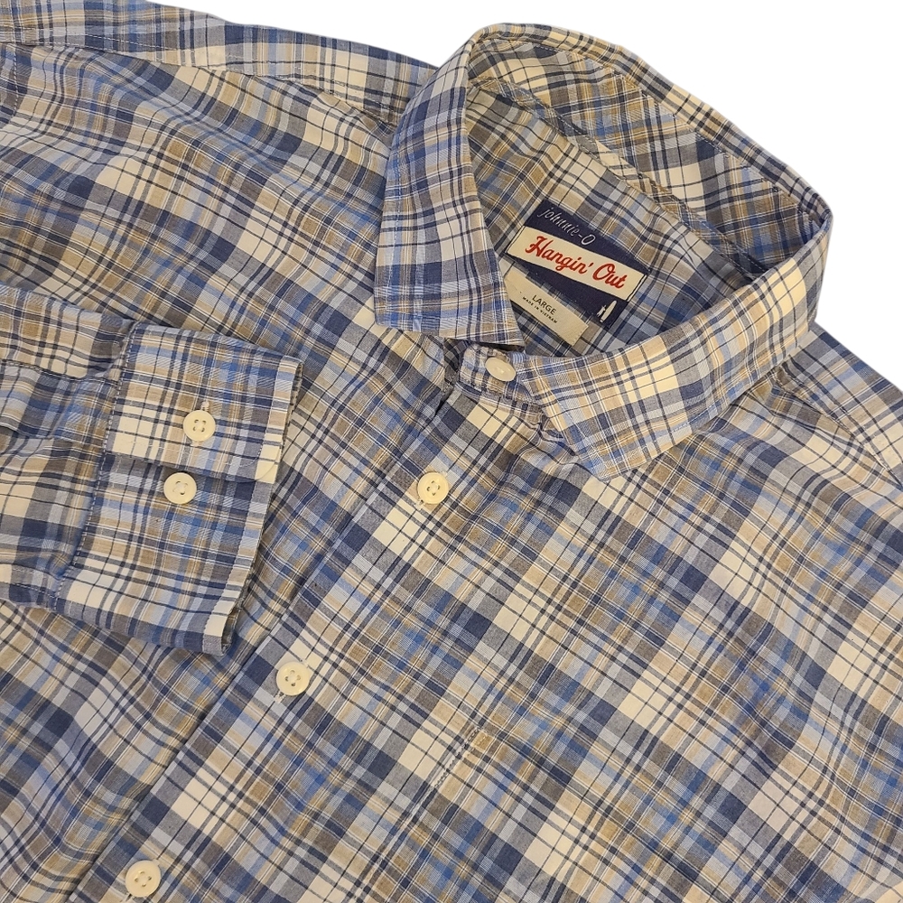 Johnnie-O Men's Large Blue & Tan Plaid Hangin' Out Button Down Long Sleeve Shirt